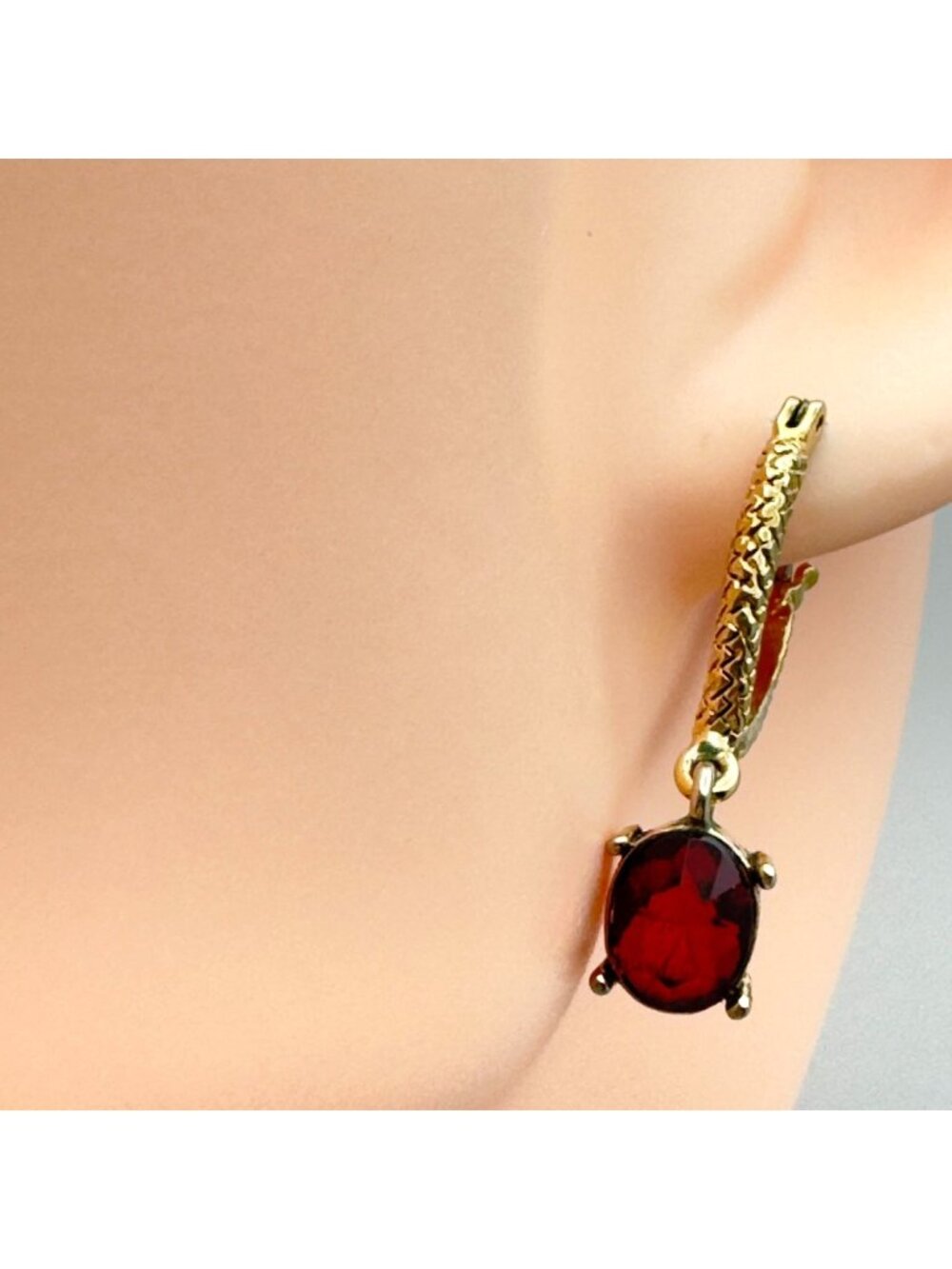 Vintage Gold Tone Hoop Earrings With Garnet Red Glass Oval Stones